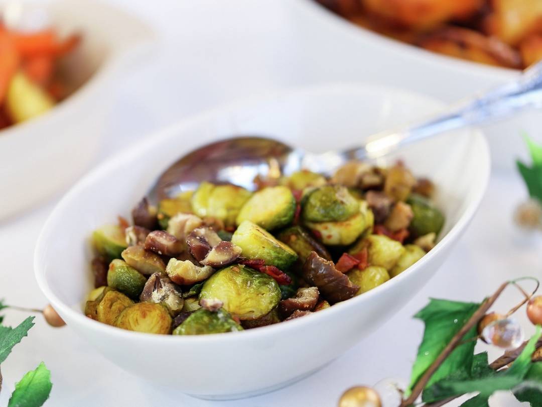 Christmas Brussels sprouts with bacon and chestnuts landscape