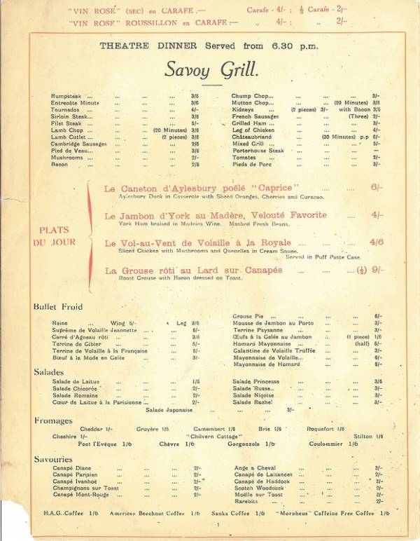 Savoy Grill 1937 menu 