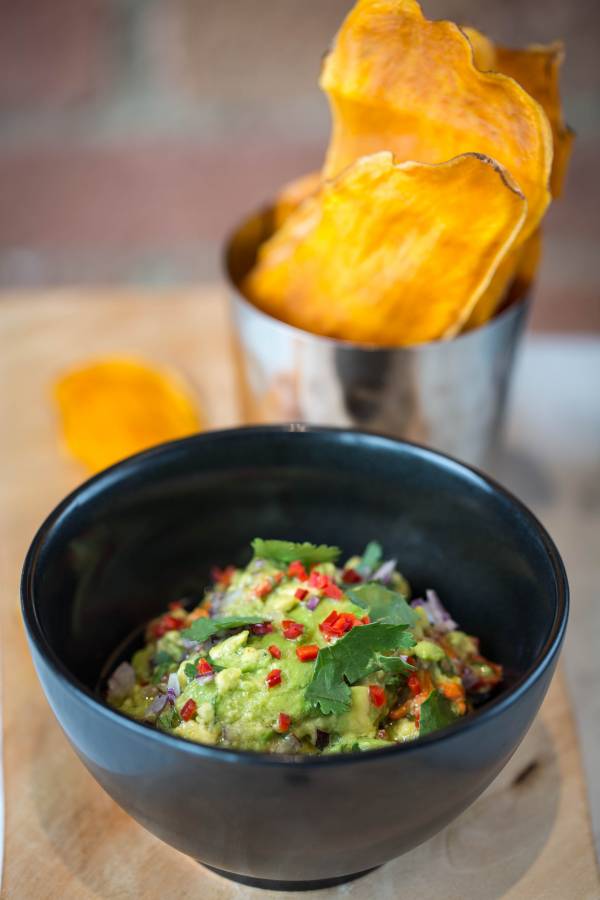 Smashed avocados with sweet potato chips